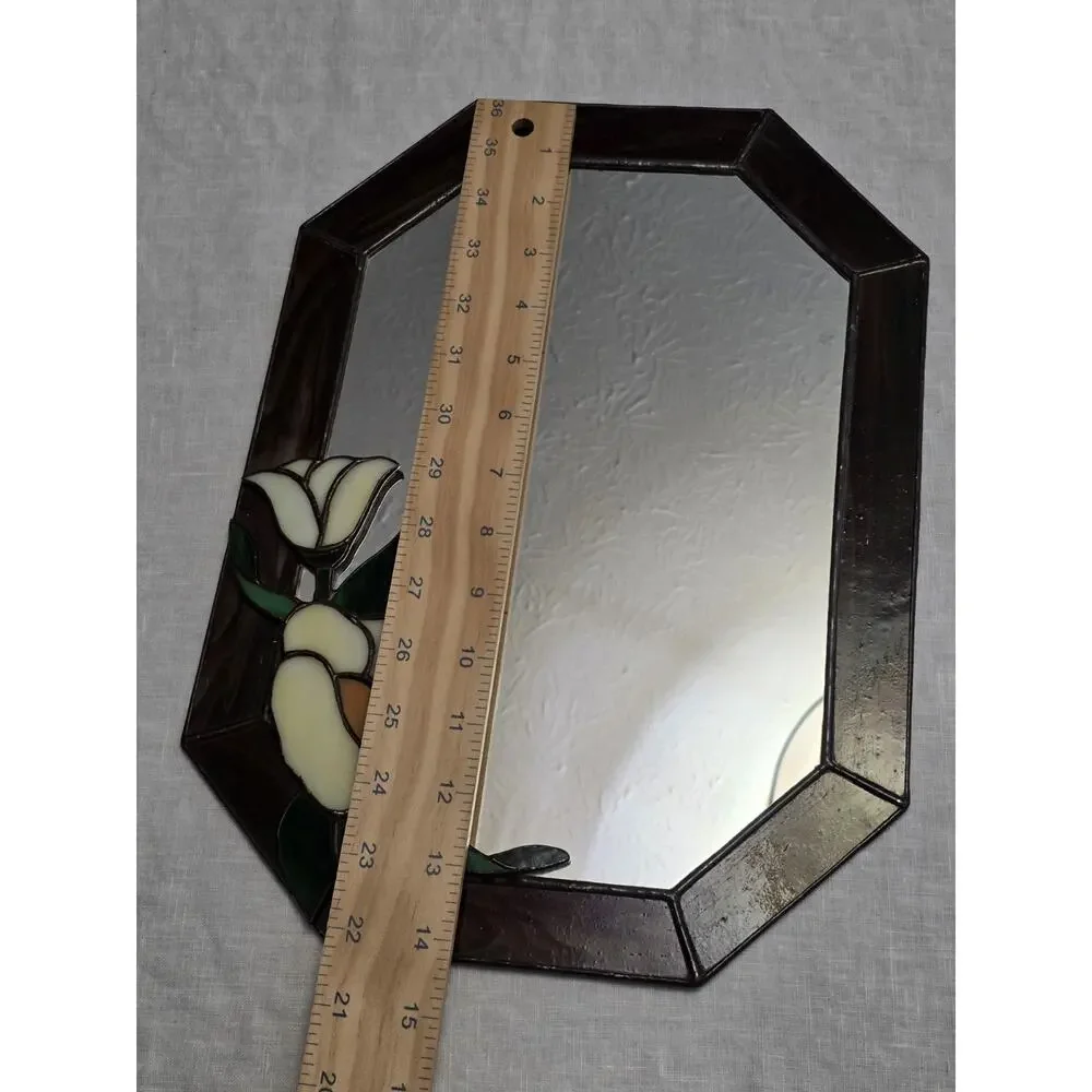 Vintage Floral Stained Glass Frame Mirror Flowers Cottage Flower 14 X 10